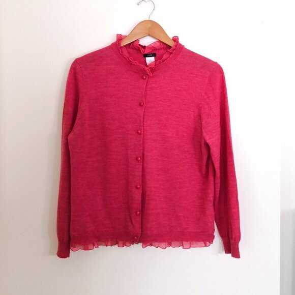 J. Crew 100% Merino Wool Chiffon Ruffle Trim Cardigan Sweater Raspberry Size XL - Picture 2 of 7